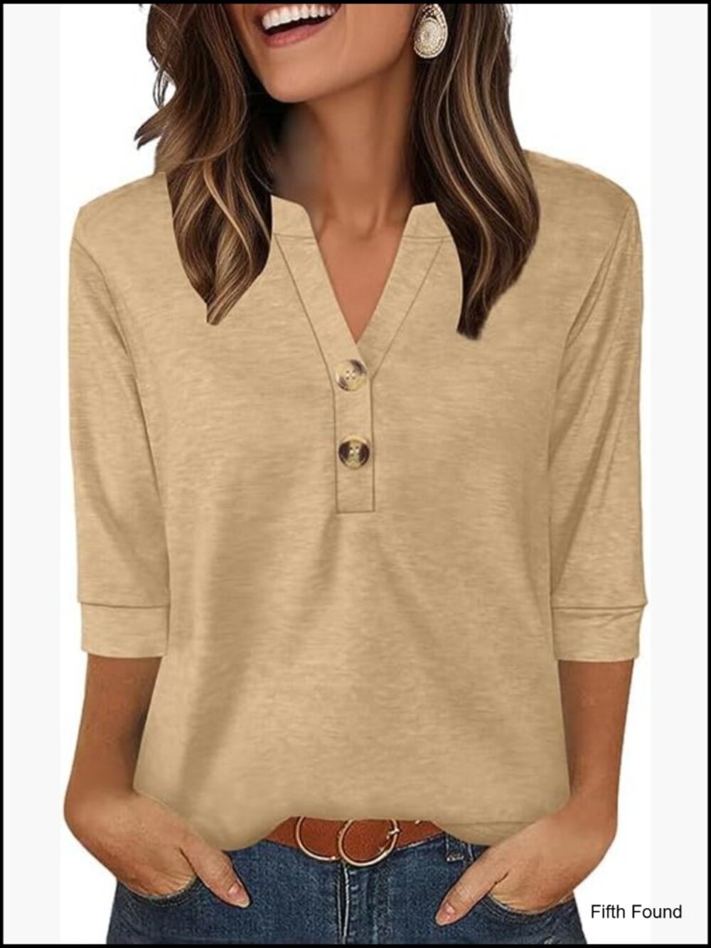 3/4 Sleeve Henley V-Neck Button Blouse Soft Stretchy Loose Fit